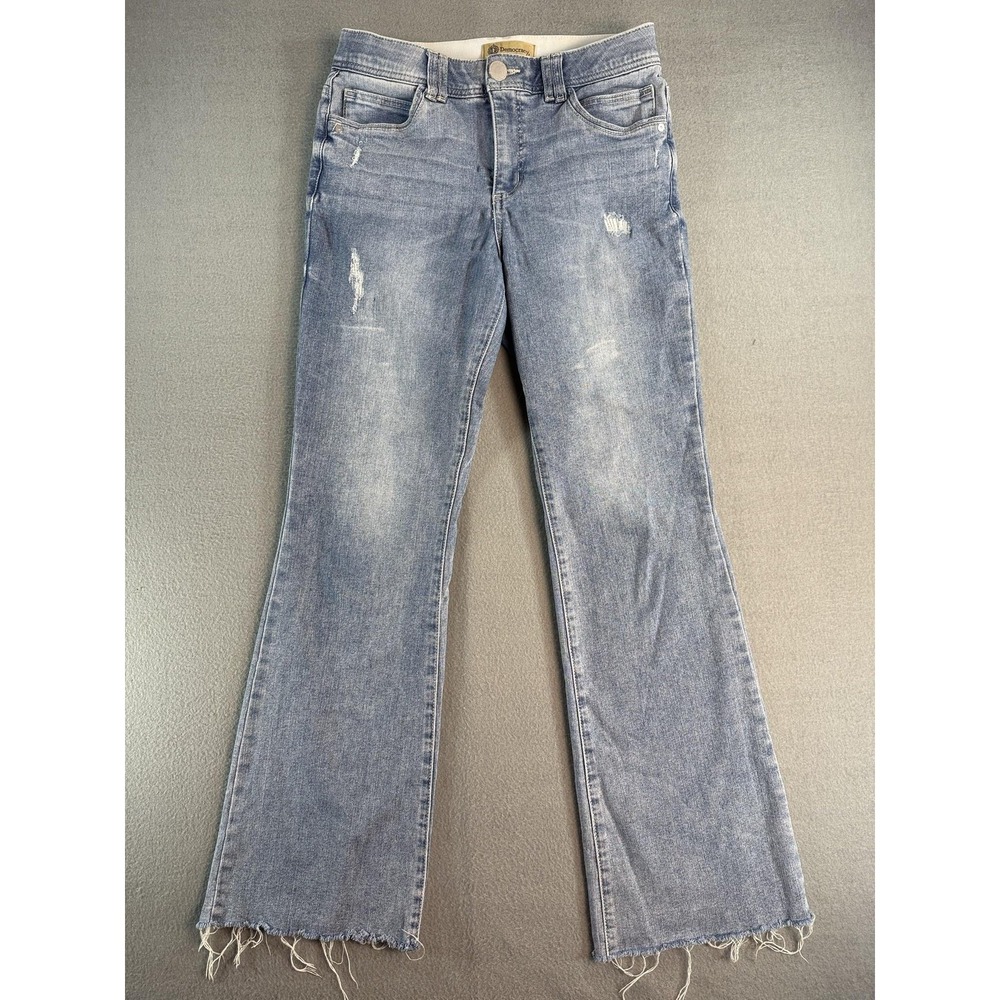 Democracy Jeans Womens 10 Light Blue Mid Rise Bootcut Distressed Fringe Denim